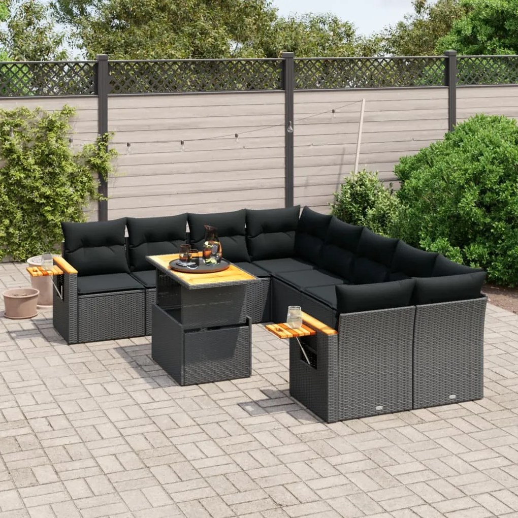 vidaXL 9 pcs conjunto de sofás p/ jardim c/ almofadões vime PE preto
