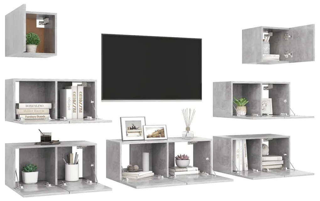 7 pcs conjunto de móveis de TV derivados madeira cinza cimento