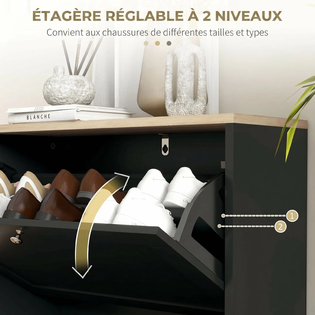 Sapateira, Armário para sapatos com capacidade para 12 pares, móvel de entrada com 2 gavetas rebatíveis e prateleiras ajustáveis, 60 x 23,5 x 80 cm, p