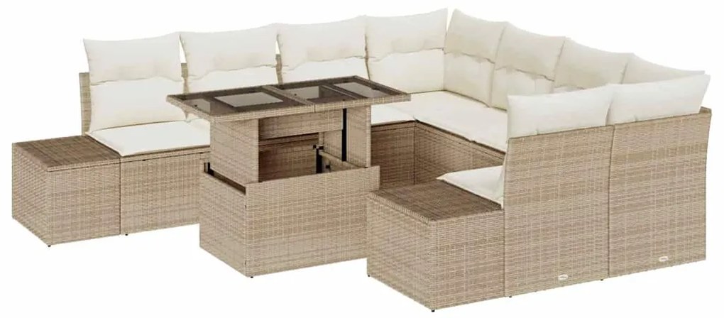 Conjunto de Sofá de Jardim 9 Peças com Almofadas Bege em Rattan