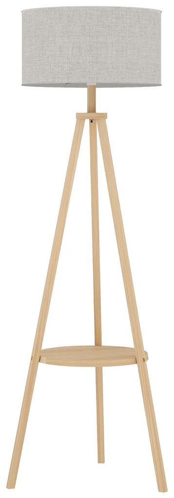 HOMCOM Candeeiro de Pé com Tripé com Estrutura em Madeira e Ecrã Similar ao Linho com Prateleira 48x48x153 cm Madeira e Cinzento