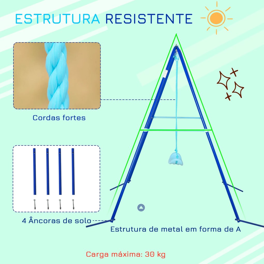 Outsunny Balanço de Metal para Crianças acima de 3 Anos Conjunto de Balanço com Assento e Corda Infantil para Pátio Jardim Carga Máxima. 30 kg 140x120x170 cm Azul