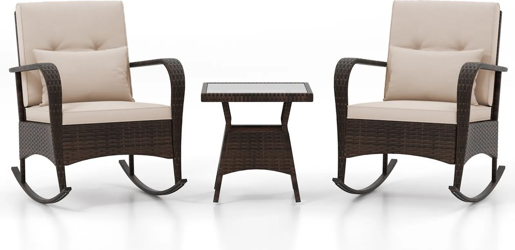 Conjunto de 2 Cadeiras de Baloiço e Mesa de Jardim, 84 x 67 x 86 cm, Estrutura em Rattan PE, Castanho