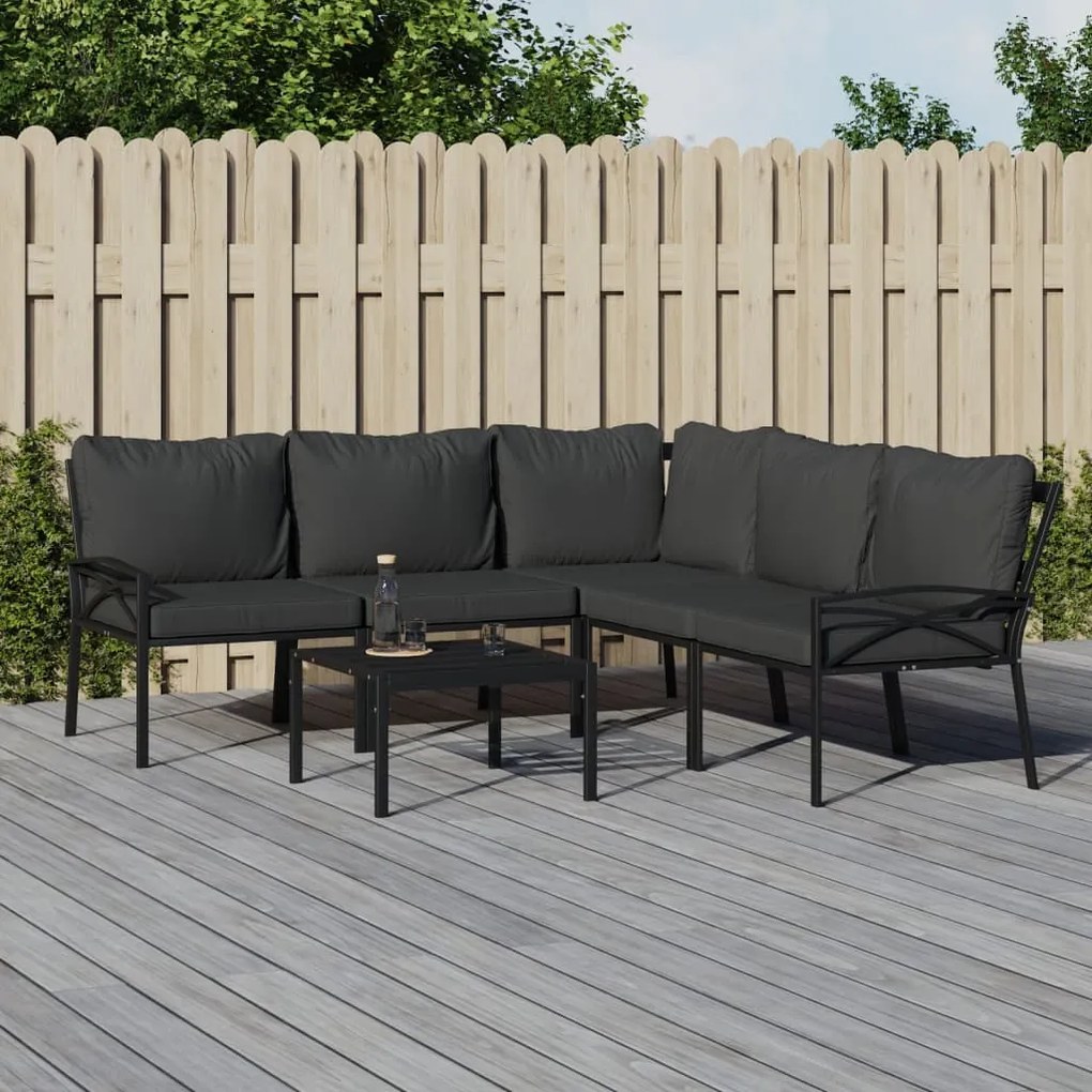 6 pcs conjunto lounge de jardim aço c/ almofadões cinzentos