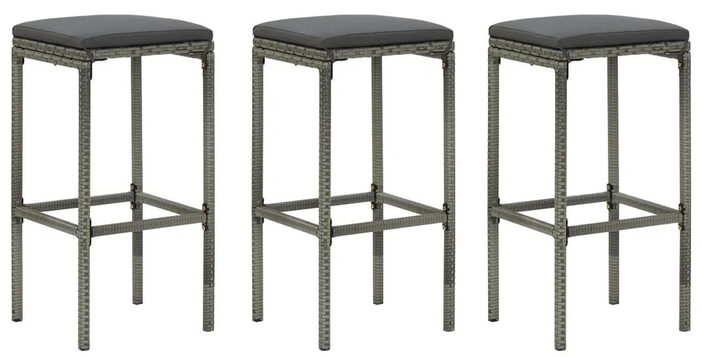 Bancos de bar com almofadões 3 pcs vime PE cinzento