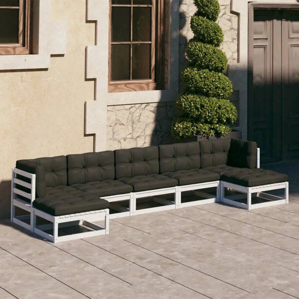 vidaXL 7 pcs conj. lounge de jardim c/ almofadões pinho maciço branco