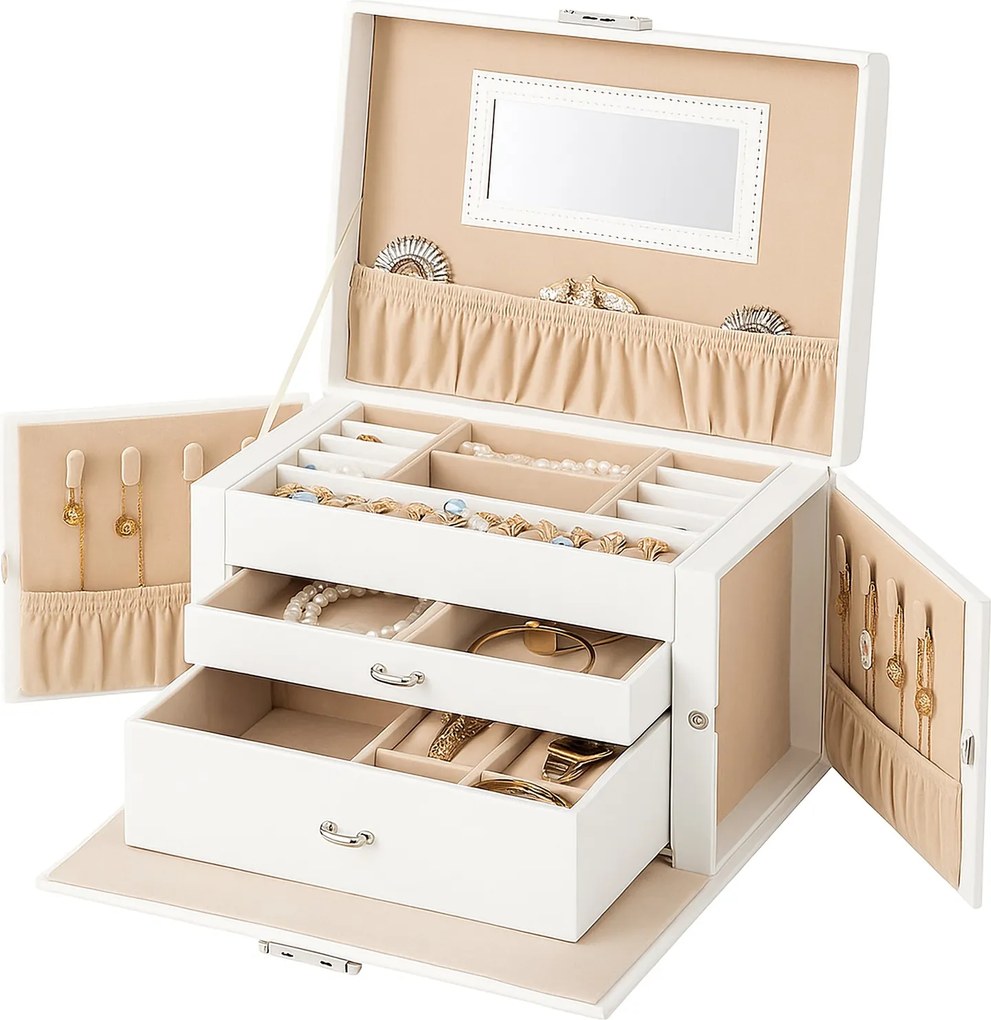 Caixa para joias com 2 gavetas 18,2 x 26 x 17,4 cm, porta-joias portátil, com fechadura Branco