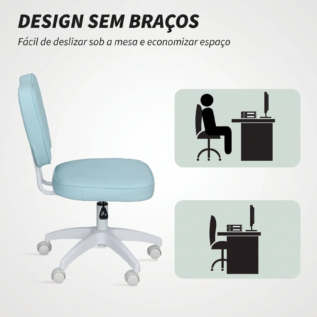 Cadeira de Escritório Giratória Estofada em Pele Sintética com Altura Ajustável sem Braços Suporta até 120 kg 46x59x82-92 cm Azul Claro