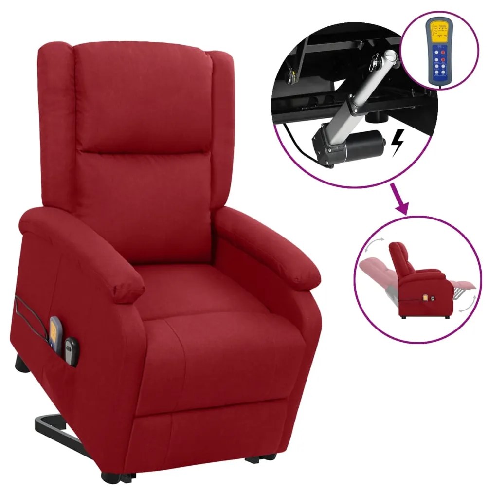 vidaXL Poltrona elevatória de massagens tecido vermelho tinto