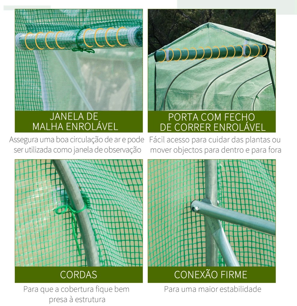 Estufa tipo Túnel 3x2x2 m Estufa de Exterior com 6 Janelas de Malha e Porta Estufa de Cultivos para Pátio Jardim Verde