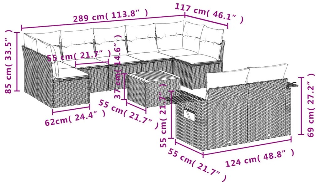 10 pcs conjunto de sofás p/ jardim com almofadões vime PE bege
