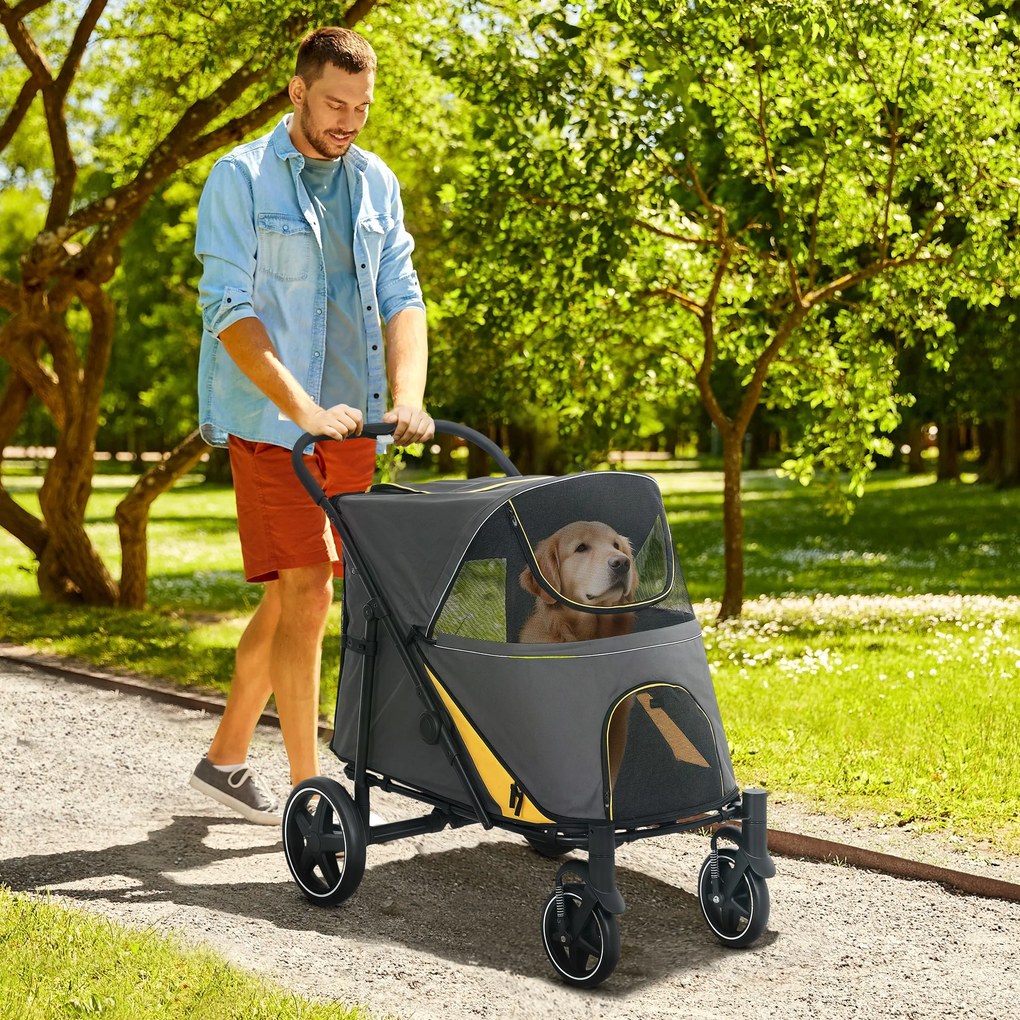 Carrinho para cães e gatos, 4 rodas, dobrável com um clique, trela de segurança, capacidade de carga de 30 kg, 112 x 65 x 100 cm, cinzento escuro