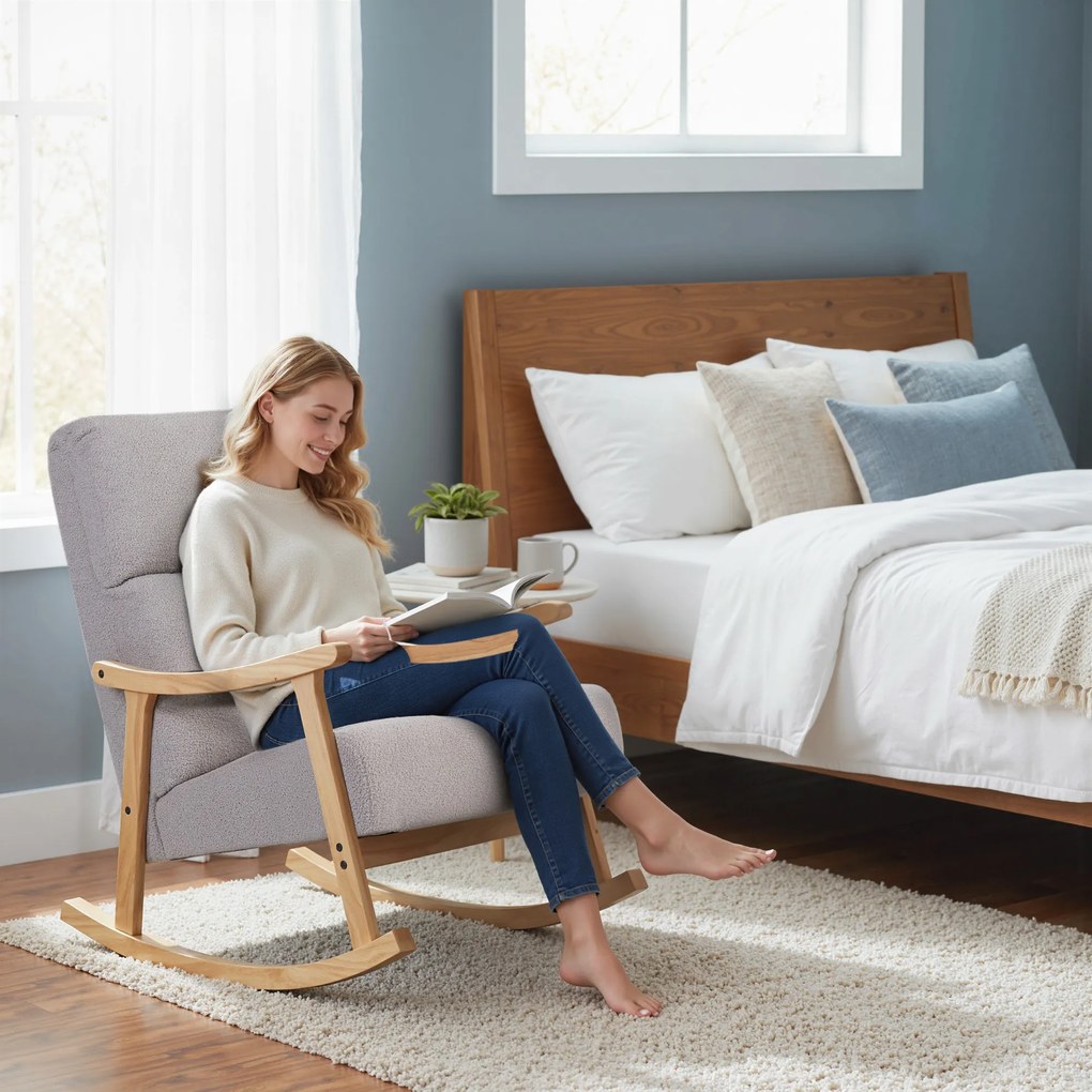 Cadeira Baloiço Moderna em Borrego com Apoio para os Braços de Madeira de Faia Poltrona de Amamentação 65x90x98 cm Cinza