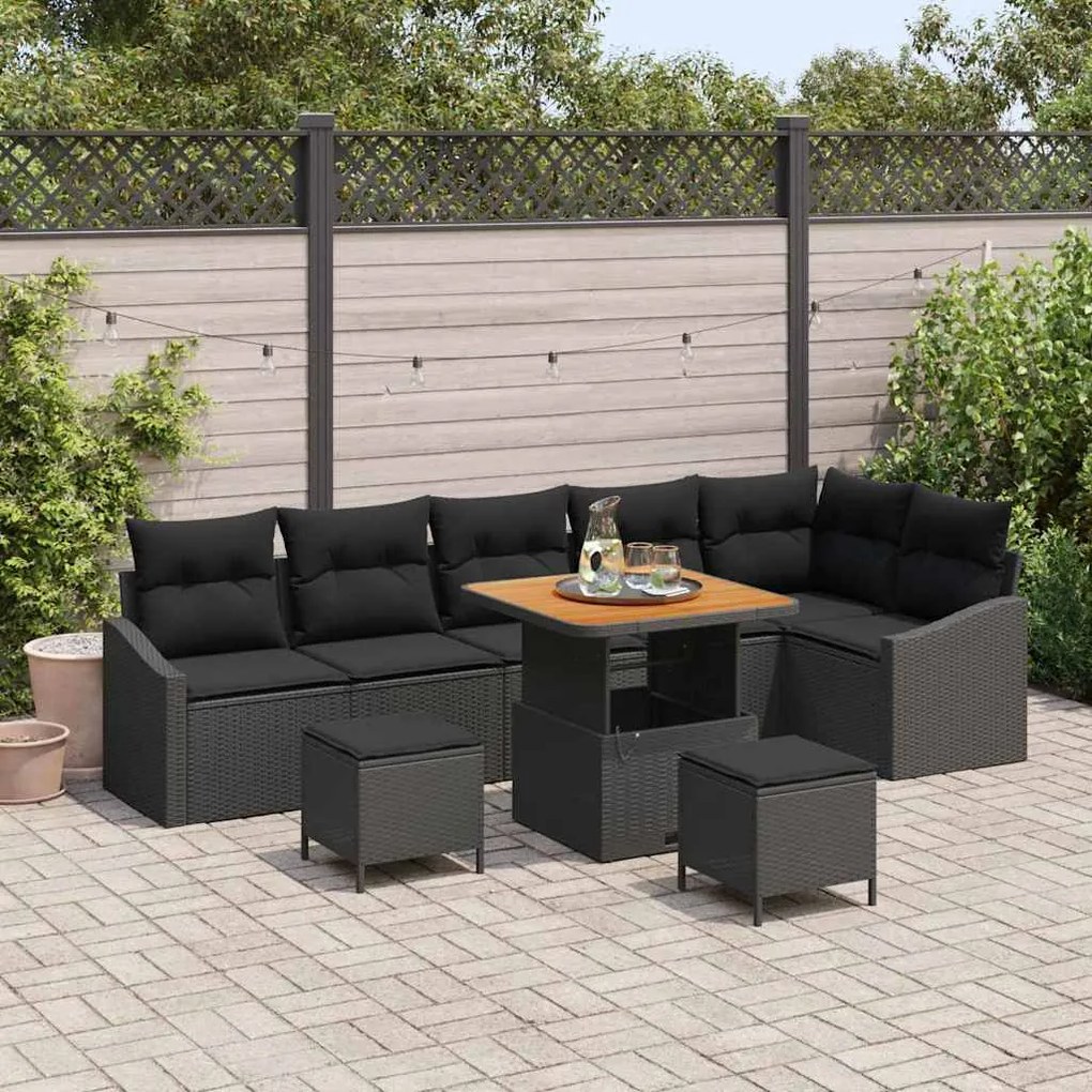 vidaXL Conjunto de Sofá de Jardim com 9 Peças e Almofadas em Rattan Sintético Preto e Madeira de Acácia