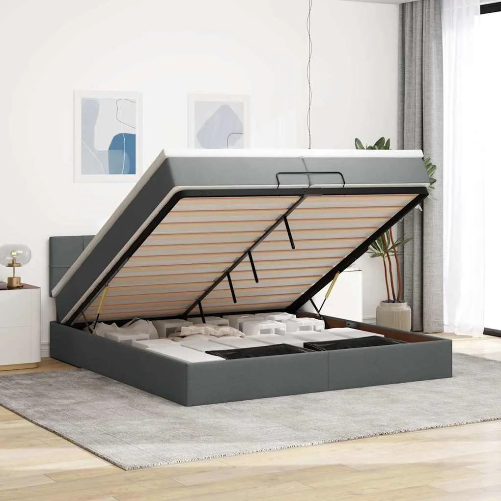 vidaXL Estrutura de cama otomana com colchões tecido cinzento escuro