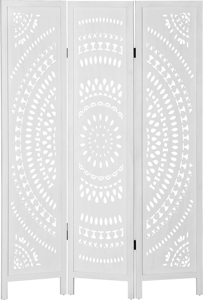 Biombo Dobrável de 3 Painéis de Madeira 120x170 cm Biombo Separador de Ambientes com Padrões Gravados Elegantes Branco