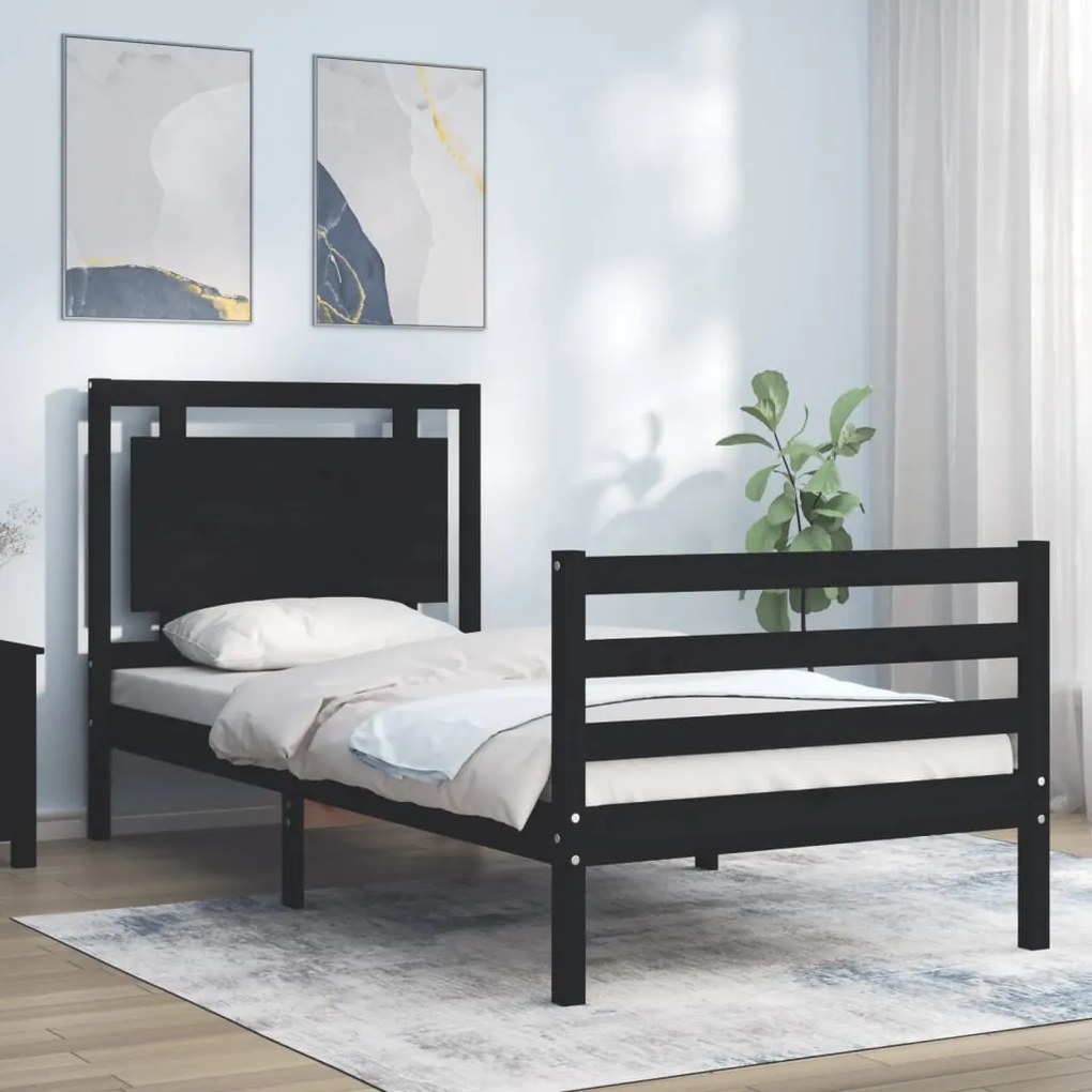 Estrutura de cama com cabeceira 100x200 cm madeira maciça preto