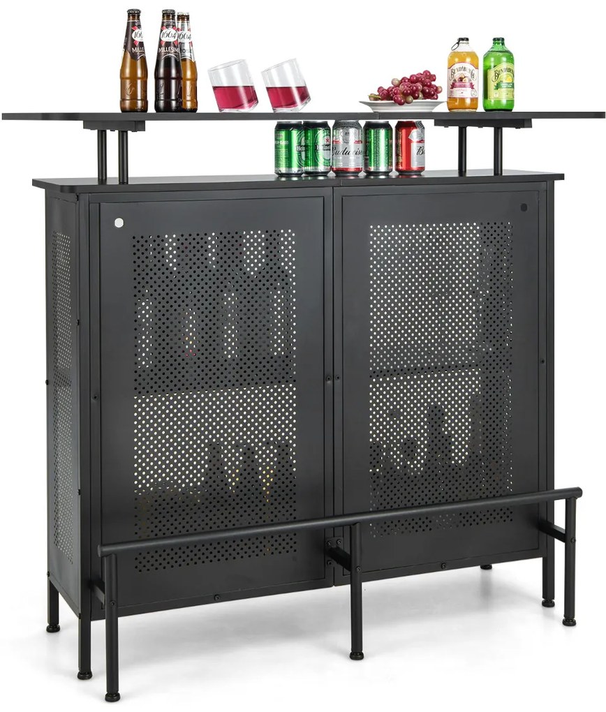 Mesa de bar alta Armário de bar em metal com 2 estantes para vinhos e 6 suportes para copos Suporte de bar Cozinha Pub 120 x 50 x 106,5 cm Preto