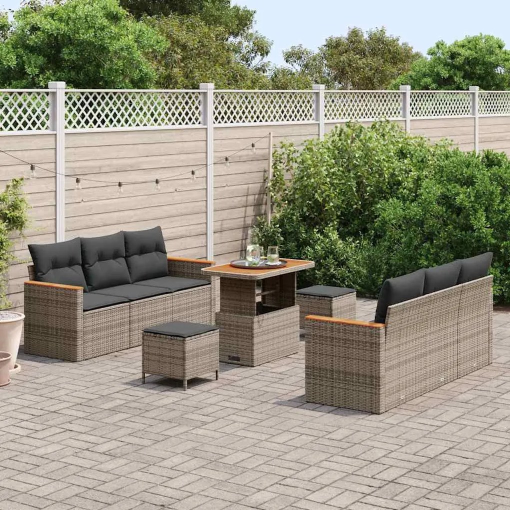 Conjunto de Sofá de Jardim de 9 Peças com Almofadas Cinza Vime Acácia