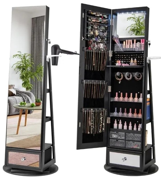 Armário para joias giratório 360° com fechadura, espelho de corpo inteiro e luzes LED - branco