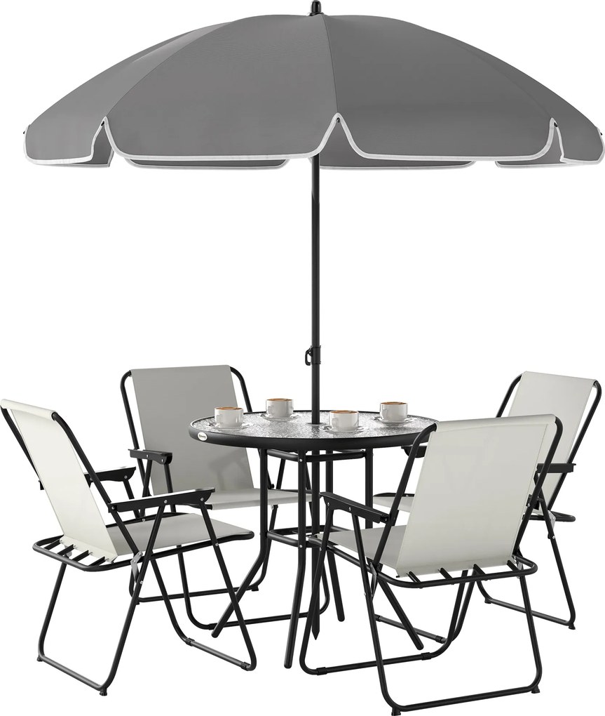 Conjunto de Mesa e Cadeiras de Jardim de 6 Peças com 4 Cadeiras Dobráveis Mesa de Vidro e Chapéu de Sol Creme