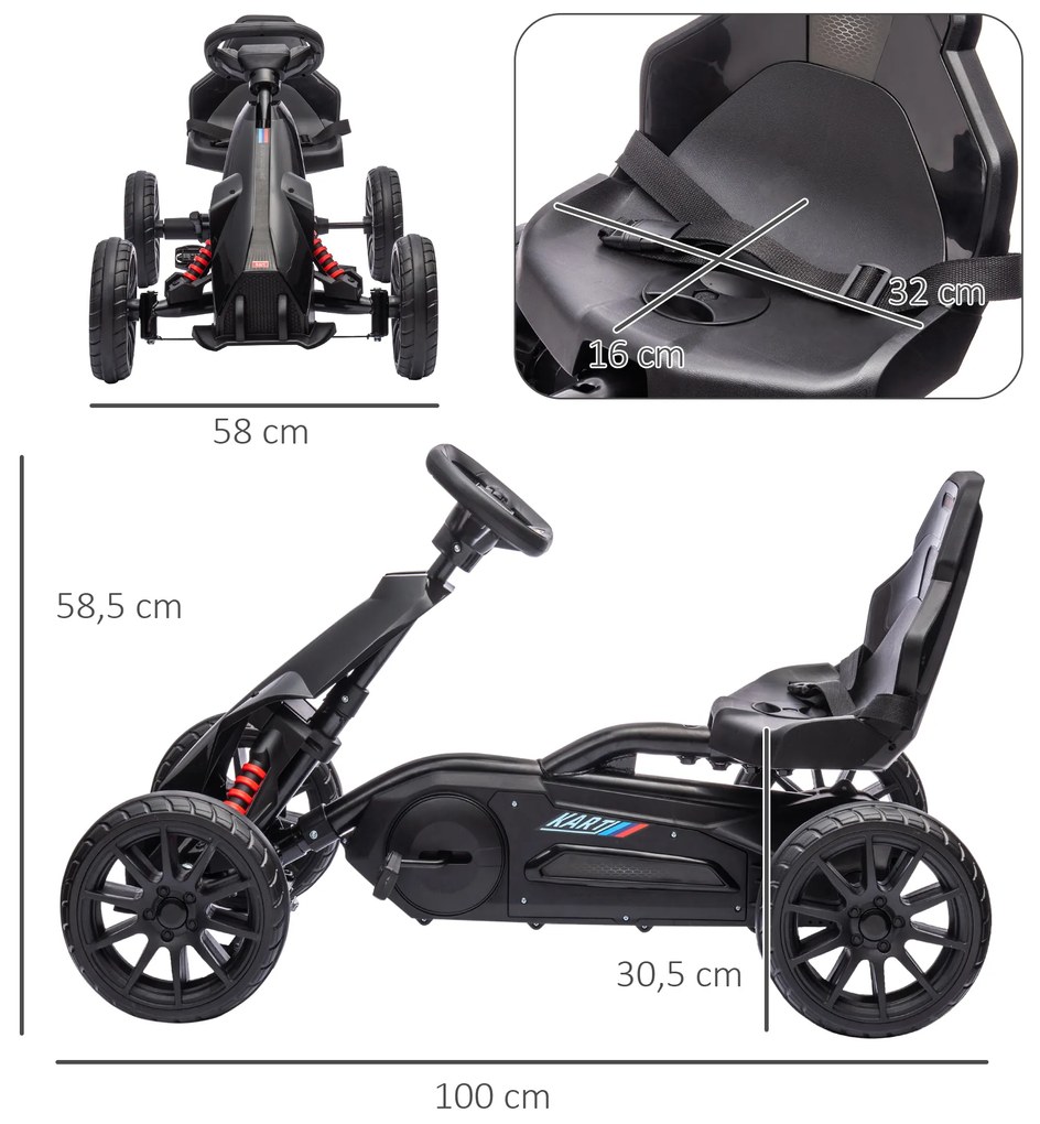 Kart a Pedais para Crianças com Assento Ajustável em 4 Posições, Travão de Mão e Rodas de EVA 100x58x58,5 cm Preto