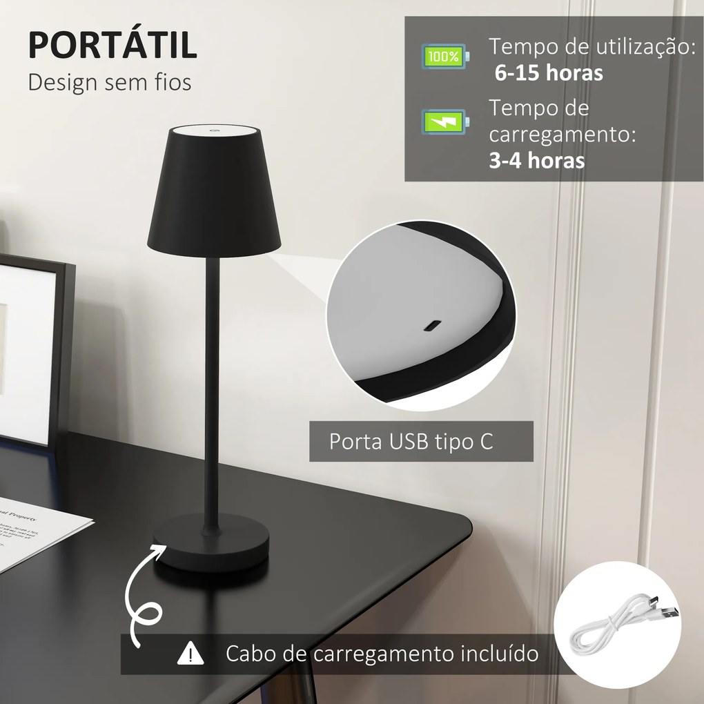 Candeeiro de Mesa com Luzes LED Candeeiro de Mesa Sem Fios Recarregável por USB-C 3 Cores Ø11,2x36,5 cm Preto