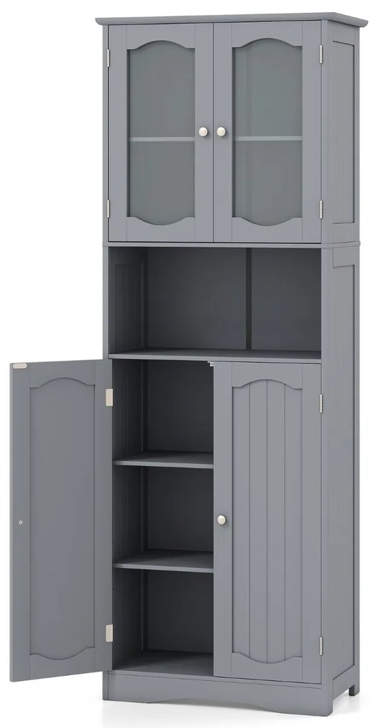 Armário alto 60 x 30 x 164 cm de armazenamento para casa de banho, despensa cozinha ou sala com portas de vidro fosco cinza