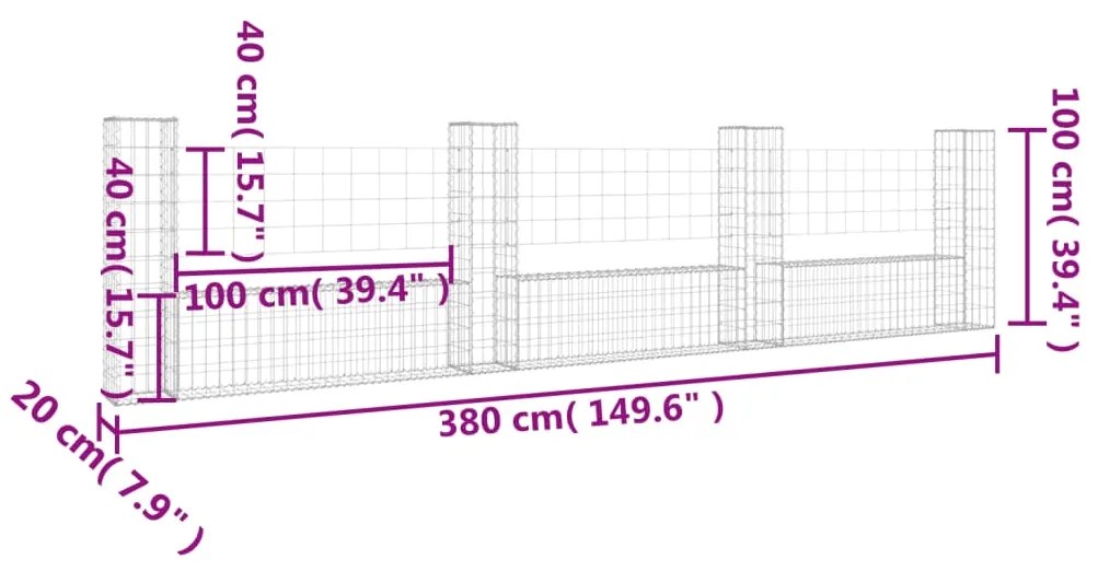 Cesto gabião em forma de U c/ 4 postes 380x20x100 cm ferro