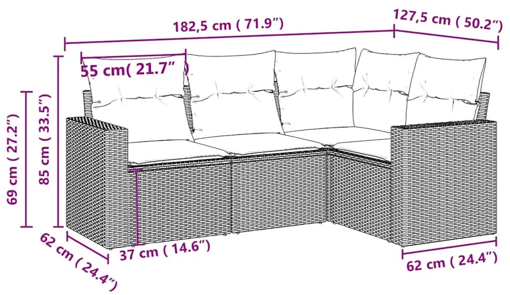 4 pcs conj. sofás jardim c/ almofadões vime PE cinzento-claro