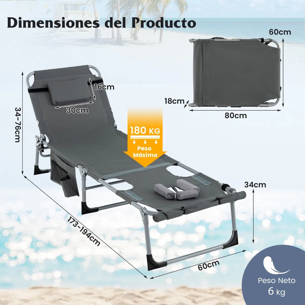 Espreguiçadeira de jardim dobrável com 5 posições Encosto Ajustável Apoio para os pés Orifício para o rosto ajustável Almofada amovível Cinzenta