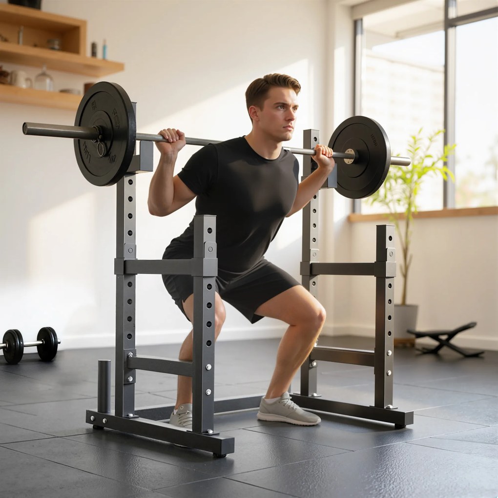 Suporte Ajustável para Barras de Pesas (NÃO INCLUIDOS) com Segurança Reforçada Carga até 300 kg Altura Regulável 48-135/45-85 cm Preto