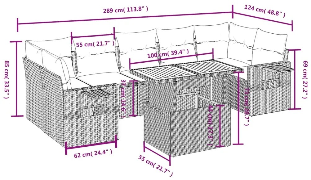 8 pcs conjunto de sofás p/ jardim com almofadões vime PE bege