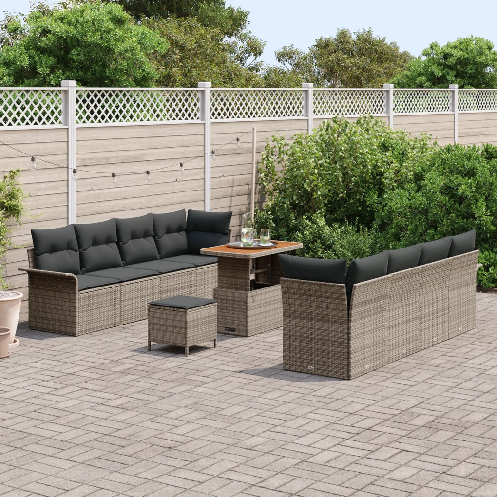 Conjunto de Sofá de Jardim com 11 Peças e Almofadas Cinza Rattan Polié