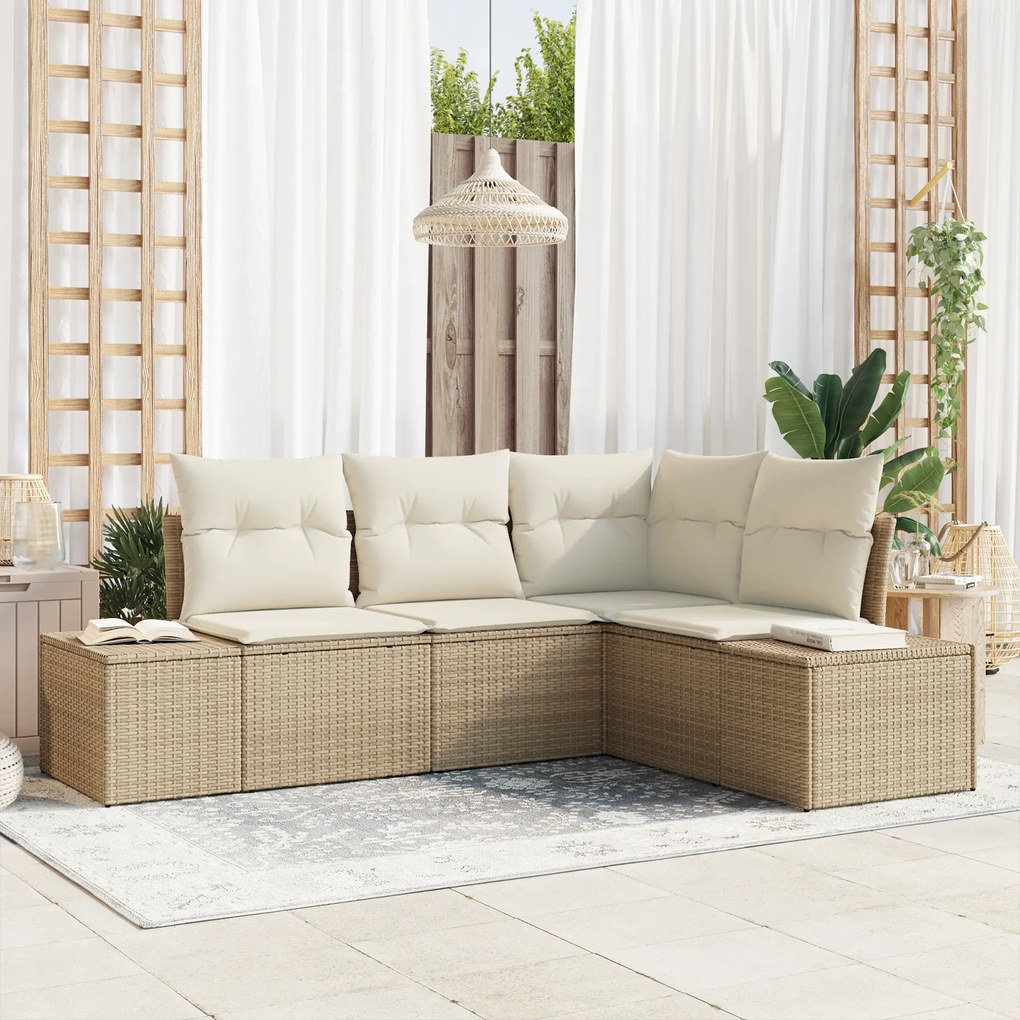 Conjunto de Sofá para Jardim 4 Peças com Almofadas Bege Rattan Poliést