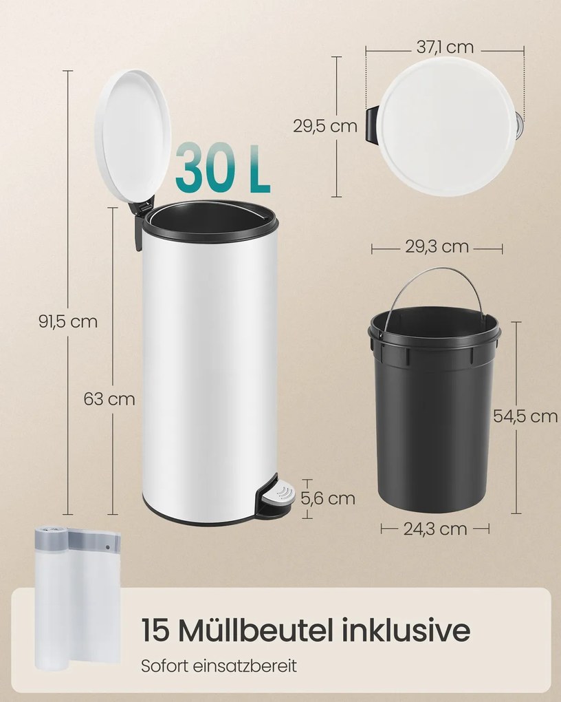 Caixote do lixo redondo de 30 L com pedal e cesto interior removível 29,5 x 37,1 x 63 cm, branco nuvem