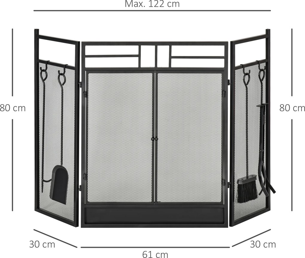 Conjunto de Proteção para Lareira com Utensílios, 122 x 1,6 x 80 cm, 3 Painéis Dobráveis com Porta, Preto