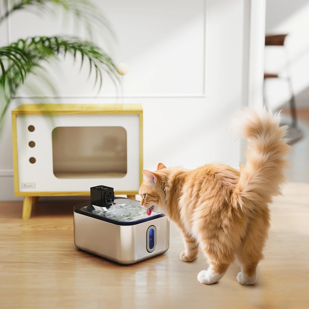 Fonte de Água Automática para Gatos, 25,3 x 20 x 18 cm, Sem Fios, Prateada
