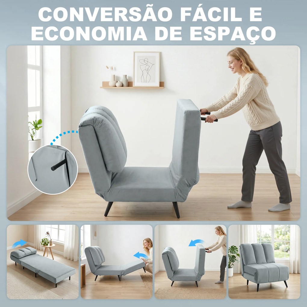 Sofá-Cama Individual 3 em 1 Dobrável com Encosto Ajustável e Almofada Espessa para Sala 72x88x87 cm Cinzento
