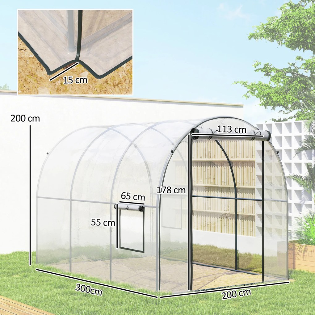 Estufa Tipo Túnel  3x2x2 m com Porta Enrolável 2 Janelas  Anti-UV para Cultivos Plantas Flores Transparente