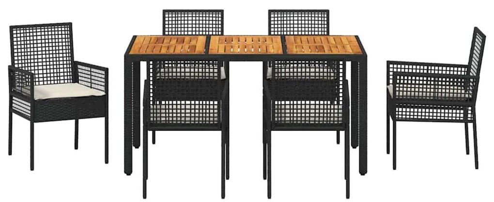 Conjunto de Jantar de Jardim de 7 Peças com Almofadas Preto Rattan Sin