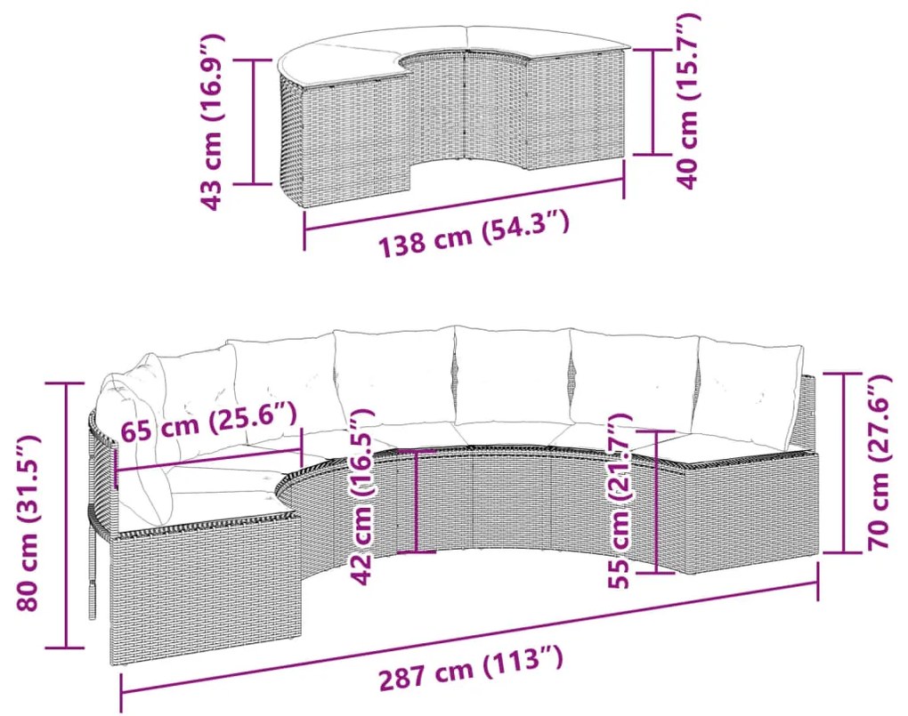 2 pcs conjunto de sofás de jardim semicircular vime PE bege