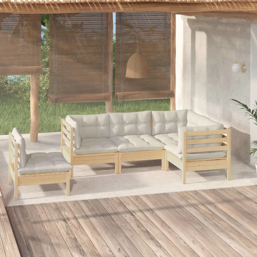 vidaXL 5 pcs conjunto lounge de jardim c/ almofadões cor creme pinho