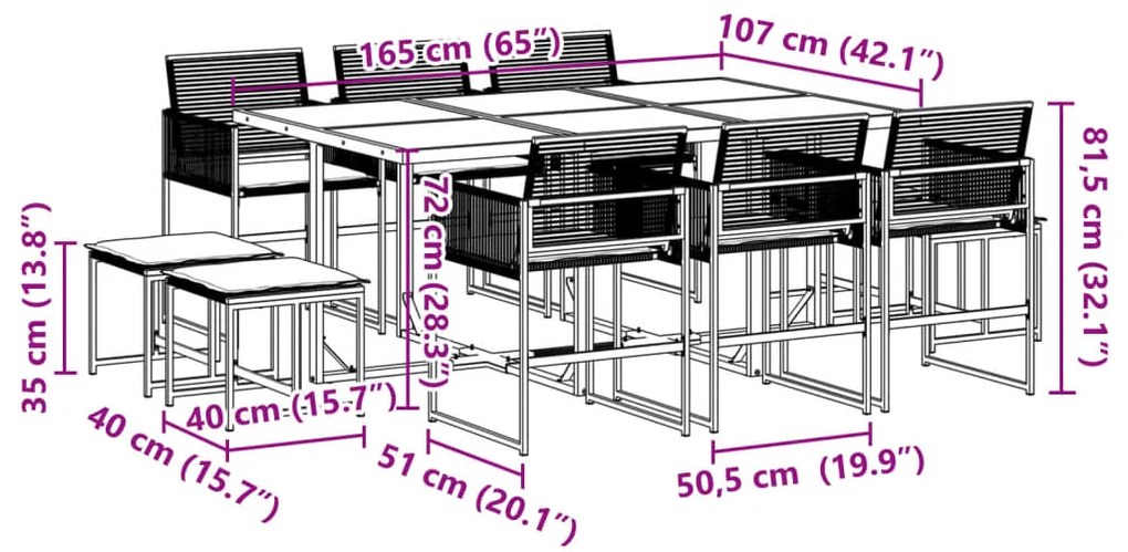 11 pcs conjunto de jantar p/ jardim c/ almofadões vime PE preto