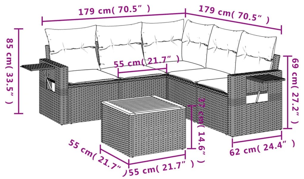 6 pcs conjunto sofás de jardim c/ almofadões vime PE preto