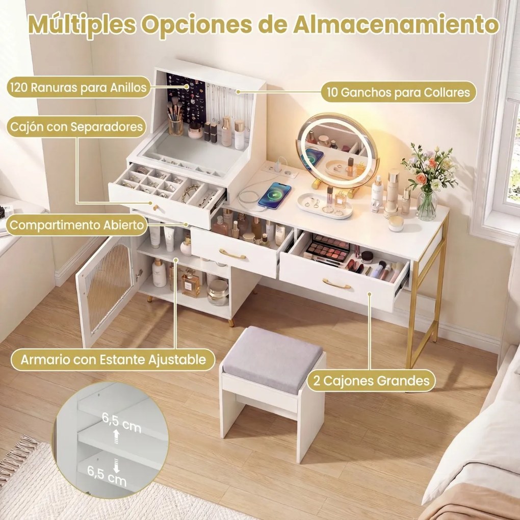 Toucador com espelho e luzes reguláveis 136 x 43 x 127,5 cm, mesa de vidro com 3 gavetas, ranhuras para anéis e ganchos, com porta e banco branco