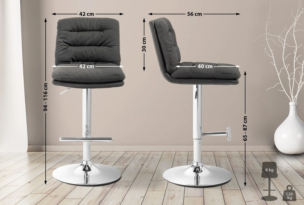 Banco de bar Damar em tecido com estrutura cromada 94-116 x 42 x 56 cm Cinzento escuro