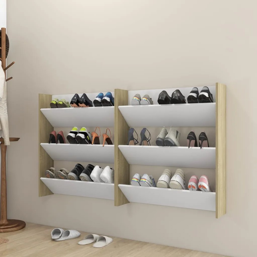 806788 vidaXL Sapateiras de parede 2 pcs 80x18x90 cm contrapl. branco/sonoma