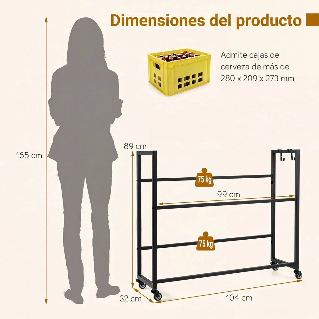 Estante para Caixas de Cerveja, 104 x 32 x 89 cm, Capacidade de 100 kg por Nível, Preto