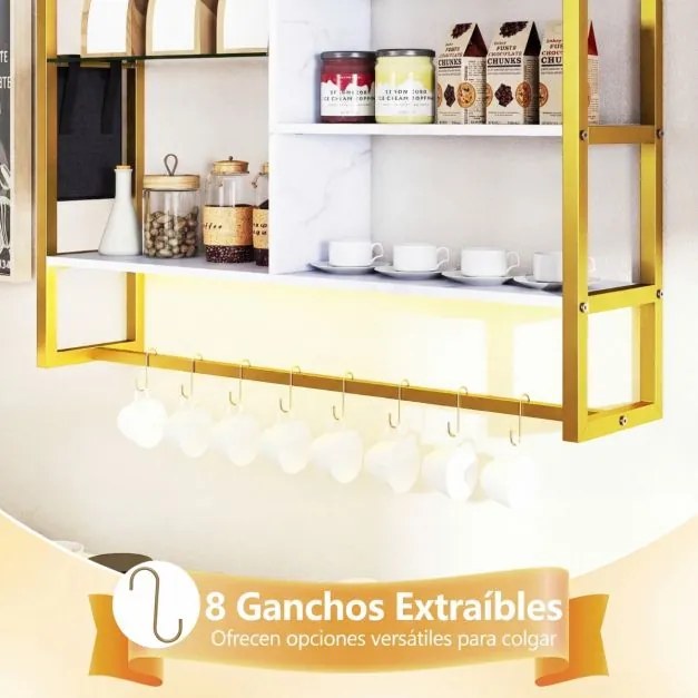 Prateleira suspensa 107 x 24 x 96 cm com luzes LED, controlo remoto via app, 6 níveis, 8 ganchos em S e bolso lateral para cozinha, bar ou casa – Bran